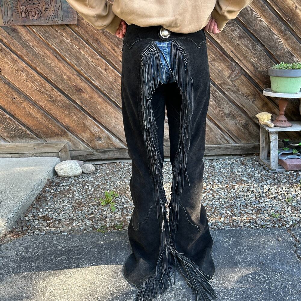 Vintage Black Suede Leather Western Chaps Riding - Full Fringed Back Womens 4
